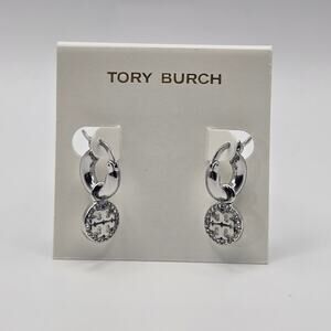 NEW Tory Burch Miller Pave Crystal Logo Hoop Earrings Small Dangling Silver